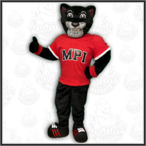 Image of Mount Pearl black panther mascot costume with jersey