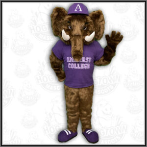 Picture of Amherst College mammoth mascot costume with brown fur and purple ball cap, jersey and sneakers
