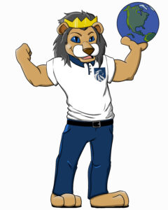 Drawing of a lion mascot holding a globe