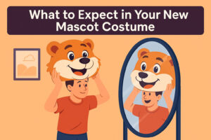 Mascot performer putting on a costume head in front of a mirror with text “What to Expect in Your New Mascot Costume”